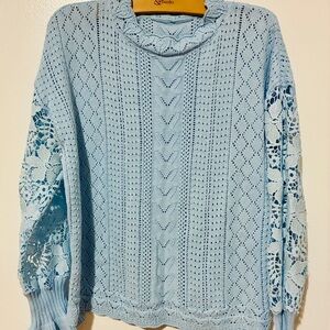 Light Blue Lace Knit Turtleneck Sweater